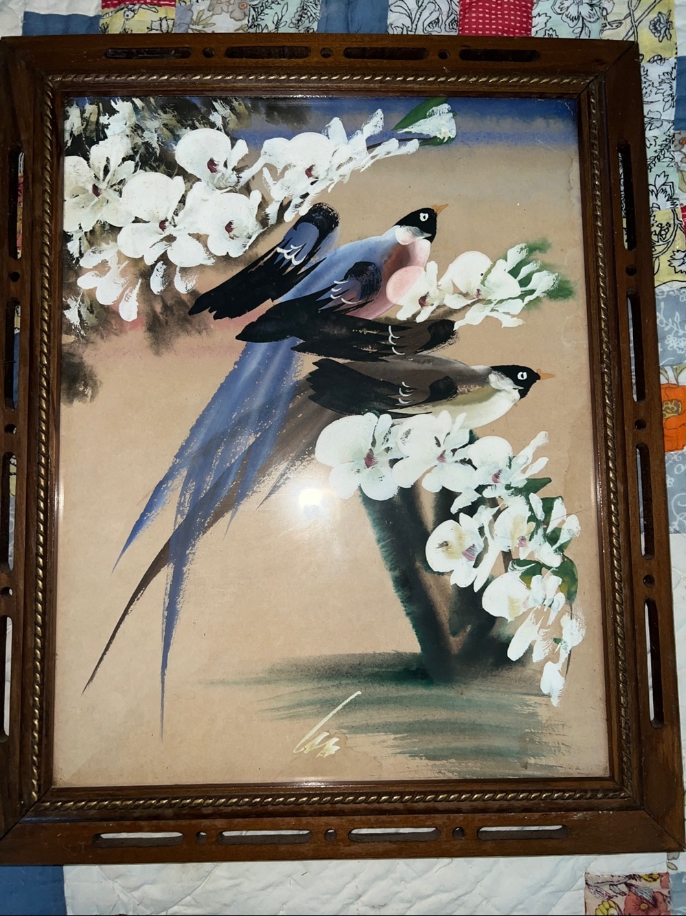 Vintage MCM Watercolor painting Japanese birds framed 17” x 14”